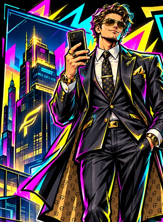 FlowCapacitor in a black suit and gold-rimmed glasses, the tower behind him